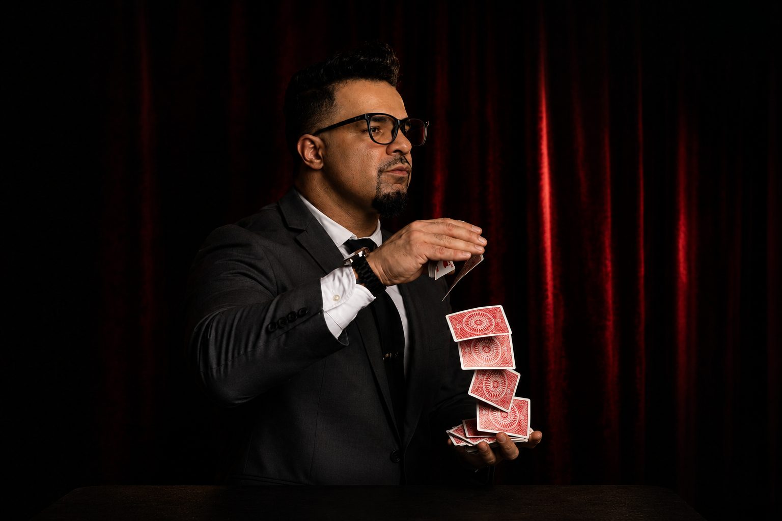 Emran Riaz in a dark suit cascading a stream of playing cards between his hands on stage