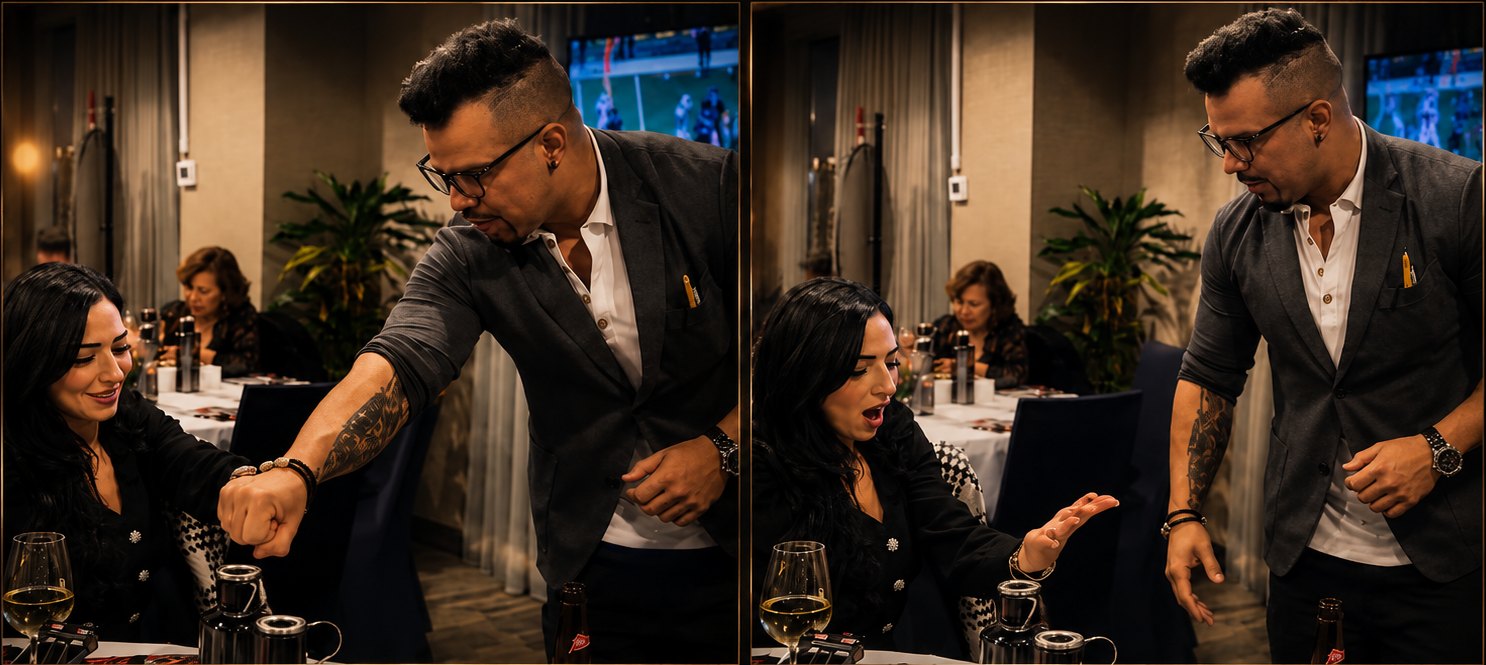 Two moments from the same event: a guest reacting as Emran Riaz performs close-up magic at her table