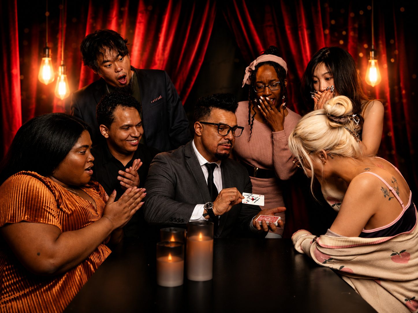 Six guests around a candlelit table gasping as Emran Riaz reveals a playing card